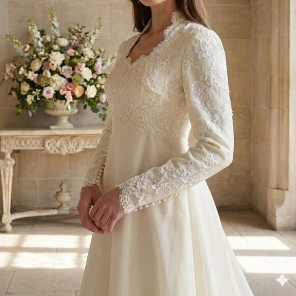 Vintage Unbranded Long Sleeve Ivory Wedding Dress - Picture 3 of 13